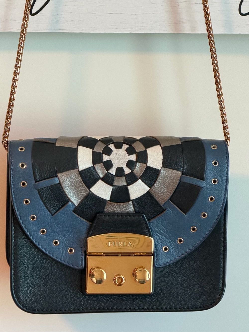 FURLA Metropolis Geometric Crossbody Bag Rebel Spirit Leather Purse Blue Black - Picture 1 of 9